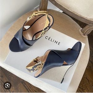 CELINE navy blue leather and toile wedge sandal